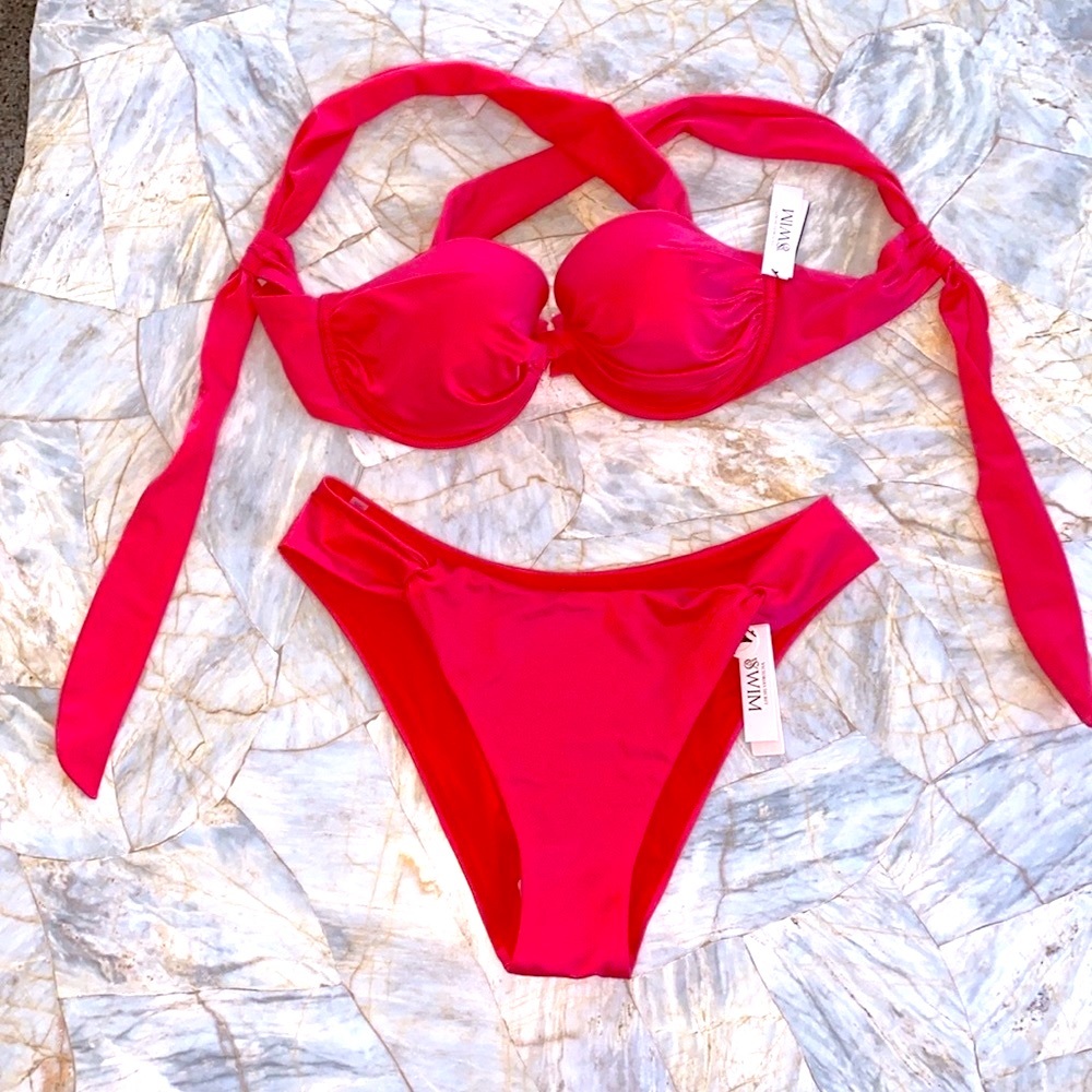 2‎ Pc Set 38C XL Swim French Twist Bikini Bottoms Pink Red Strawberry new